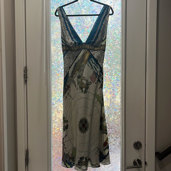 Nicole Miller Collection Print Rhinestone Plunge Neck Silk Midi Dress - Picture 7 of 7